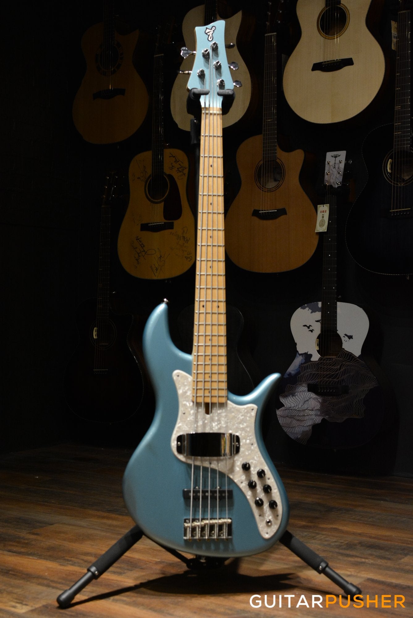 FBASS VF5-J Founder Jazz Bass (Ice Blue Metallic) - Ash Body, Maple Fingerboard, Tinted Pearloid Pickguard w/ Aguilar Pickups, Active F Bass Preamp, & Gig Bag (20211)