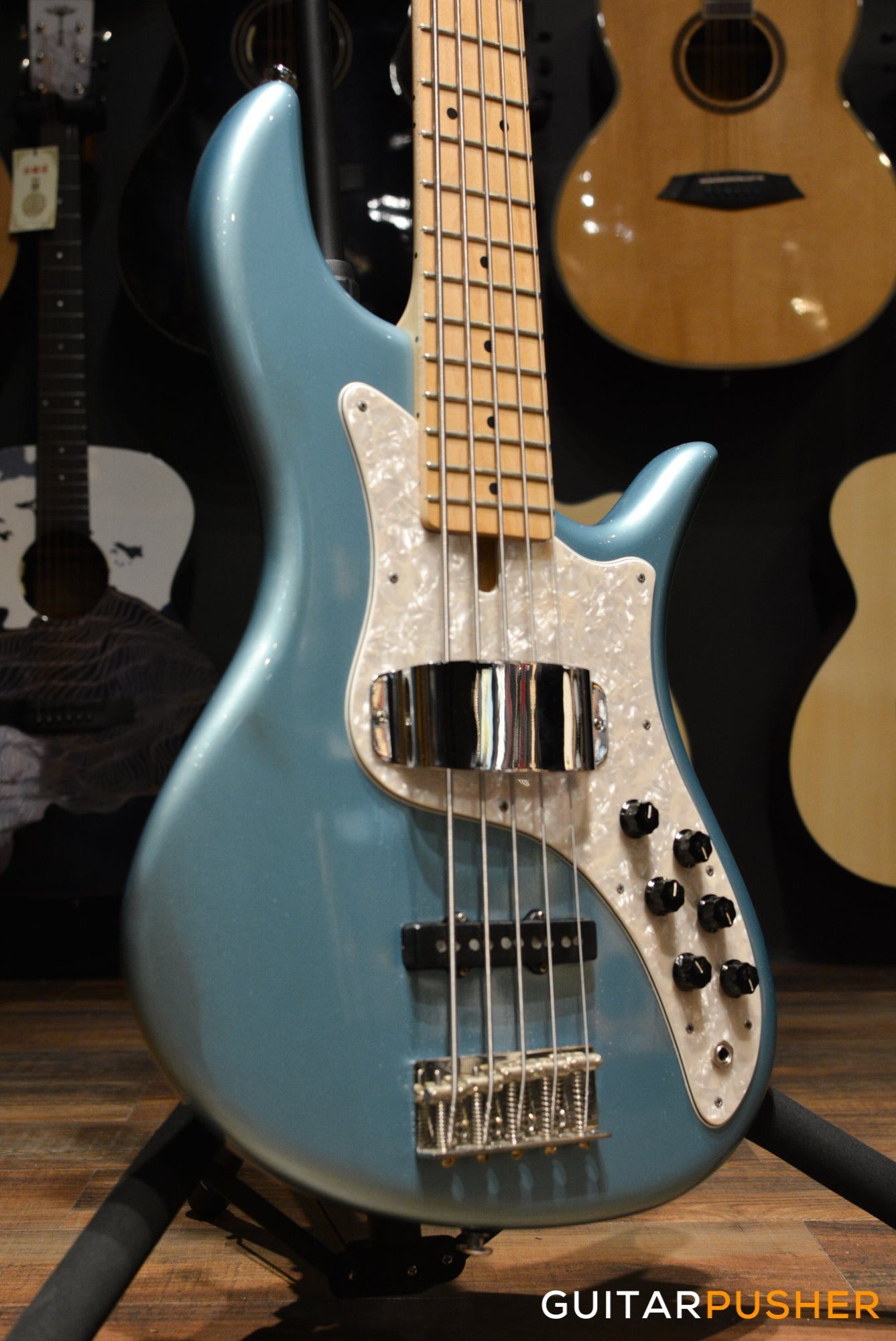 F BASS VF5-J Founder JB Bass (Ice Blue Metallic) - Ash Body, Maple Fingerboard, Tinted Pearloid Pickguard w/ Aguilar Pickups, Active F Bass Preamp, & Gig Bag (20211)